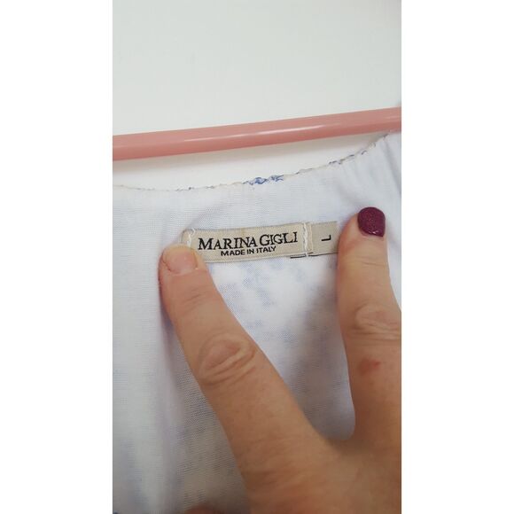 MARINA GIGLI Cream Blue Floral Print Silk Lace Short Sleeve Top Size Large - Picture 8 of 8